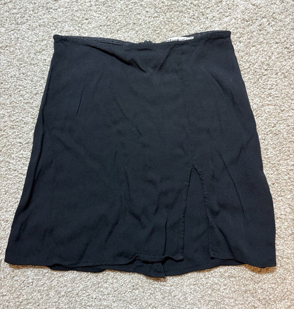 Reformation Margot Mini Skirt Size 2 Black Viscose High Rise Thigh Slit A-Line